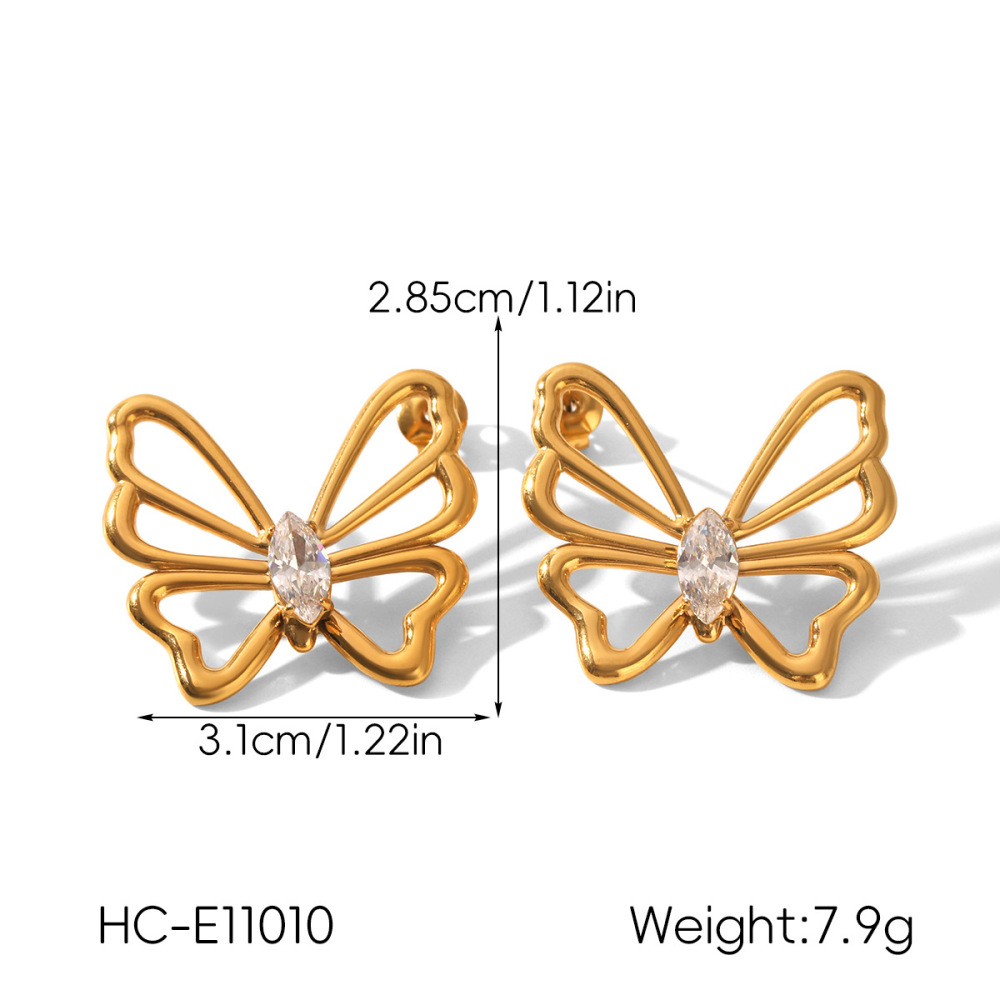 Boucles D'Oreilles Papillon En Acier Inoxydable Étanche, Couleur Or, Avec Zircon. Image2