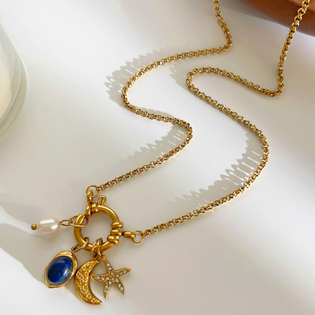 Collier en acier inoxydable étanche couleur or avec pendentif lune et pierre naturelle