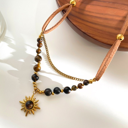Collier à plusieurs rangs en acier inoxydable doré, imperméable et orné de pierres naturelles, en forme de soleil