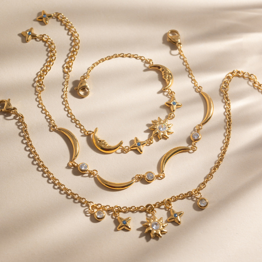 Bracelets À Breloques Classiques Pour Femmes, En Acier Inoxydable Doré, Imperméables Et Anti-Ternissement, Avec Motif Soleil, Étoile Et Lune Image3