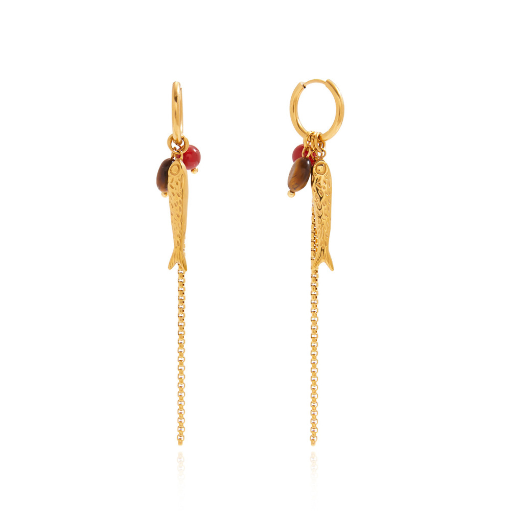 Boucles D'Oreilles Pendantes Pour Femme, Style Vintage, En Acier Inoxydable Doré, Imperméables Et Anti-Ternissement, Motif Poisson À Chaîne. 