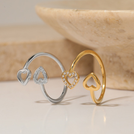 Bagues imposantes en acier inoxydable doré, étanches, double cœur et strass. 2