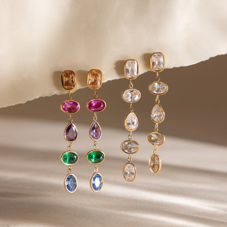 Boucles d'oreilles pendantes ovales colorées en acier inoxydable doré avec zircon, imperméables et anti-ternissement, pour femmes