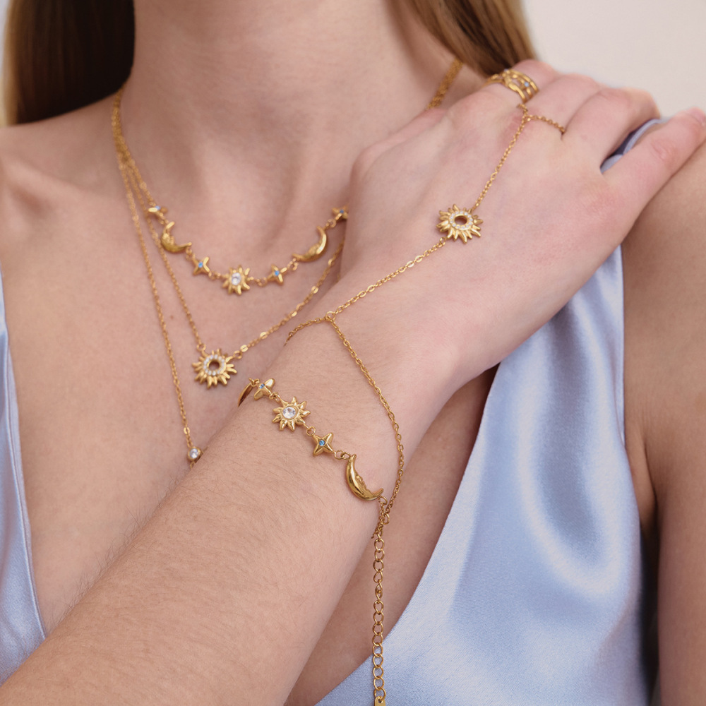 Ensembles De Bijoux De Luxe Pour Femmes En Acier Inoxydable Doré, Imperméables Et Anti-Ternissement, Avec Motif Soleil, Étoile Et Lune Image3