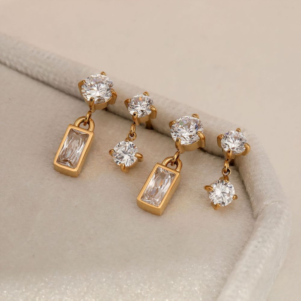 Boucles D'Oreilles Pendantes Pour Femme, Simples, Rectangulaires, En Acier Inoxydable, Étanches, Couleur Or, Avec Zircon. Image4