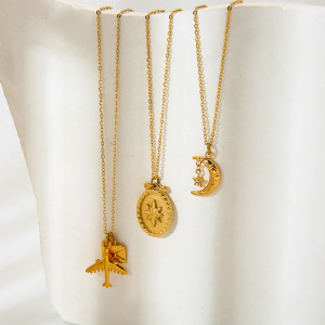 Colliers Pendentifs Pour Femmes En Acier Inoxydable, Couleur Or, Ornés D'Un Cœur, D'Une Étoile Et D'Une Lune, Avec Zircon Et Motif Enveloppant. h5 Image3