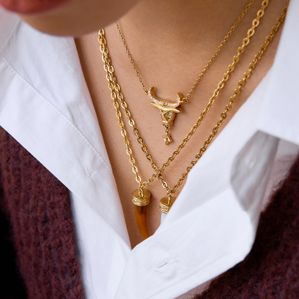 Colliers Pendentifs Classiques Pour Femmes, En Acier Inoxydable Doré, Imperméables Et Anti-Ternissement, Représentant Une Tête De Bœuf h5Image4