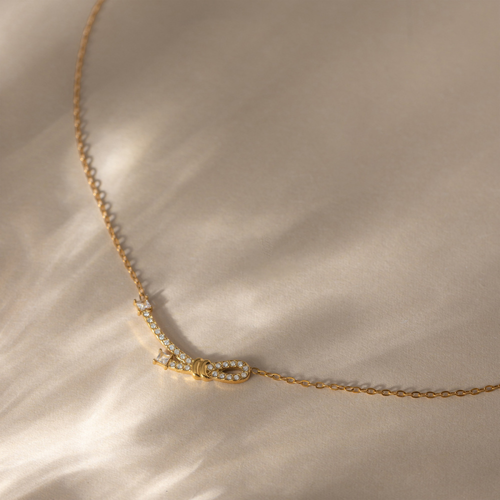 Collier Pendentif Sophistiqué Pour Femme, En Acier Inoxydable Doré, Avec Nœud Papillon, Imperméable Et Anti-Ternissement Image7
