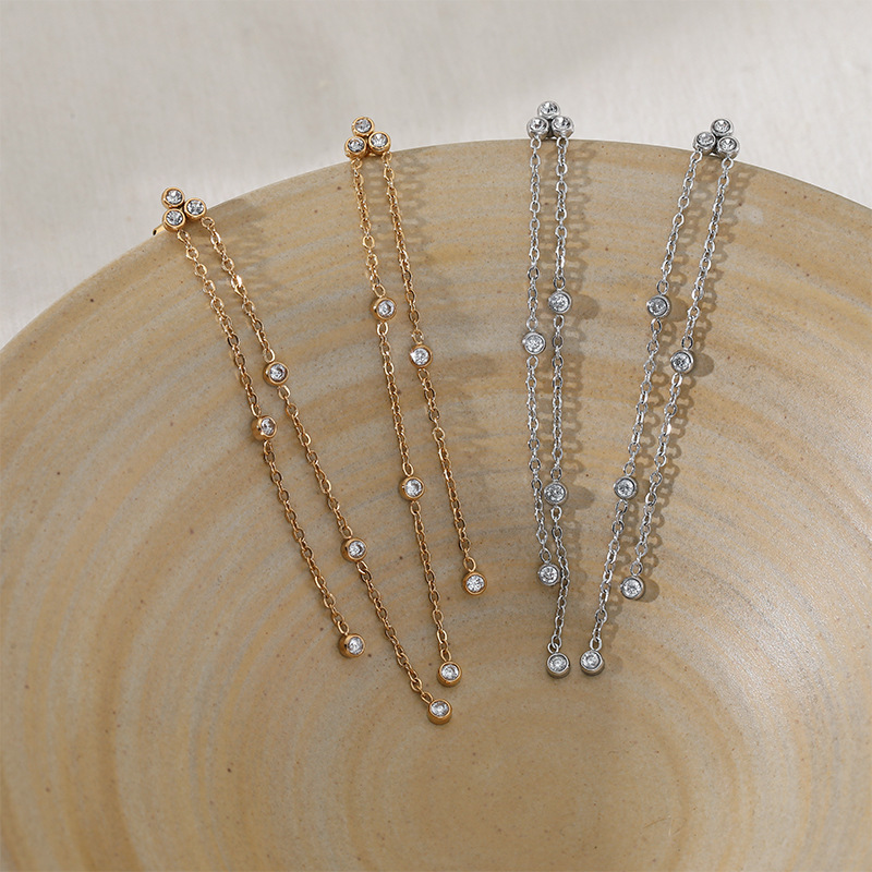 Boucles D'Oreilles Pendantes Pour Femme, En Acier Inoxydable Imperméable, Couleur Or, Avec Pompon Simple Et Zircon. Image3