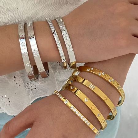 Bracelet jonc classique en acier inoxydable, étanche, couleur or, avec zircon, en forme de cœur