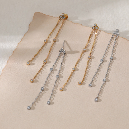 Boucles d'oreilles pendantes pour femme, en acier inoxydable imperméable, couleur or, avec pompon simple et zircon.