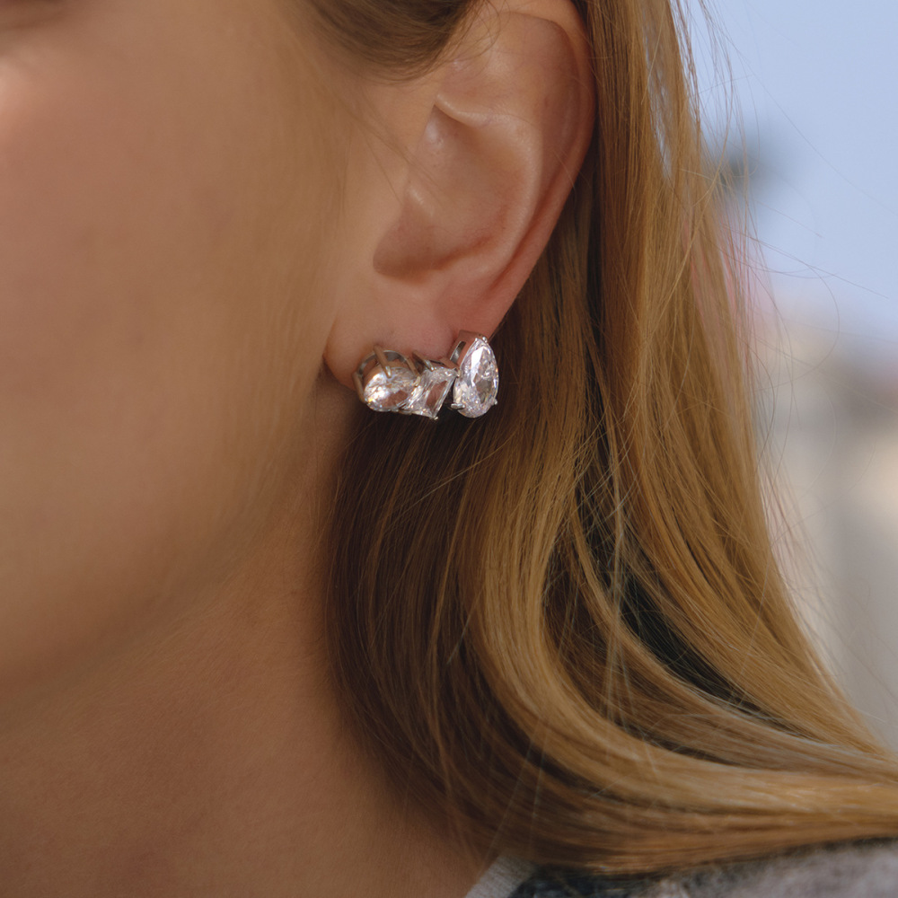 Boucles D'Oreilles Puces Pour Femmes, En Acier Inoxydable Imperméable Et Anti-Ternissement, Forme Zircon Géométrique Quotidien Image3