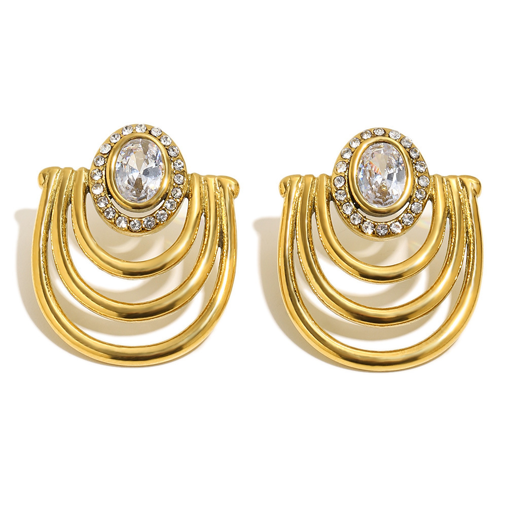 Boucles D'Oreilles Puces Pour Femmes En Acier Inoxydable Doré Ajouré, Étanches Et Serties De Zircon. 