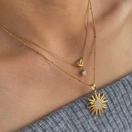 Colliers pendentifs pour femmes en acier inoxydable, couleur or, ornés d'un zircon et d'un cœur simple en forme de soleil 2