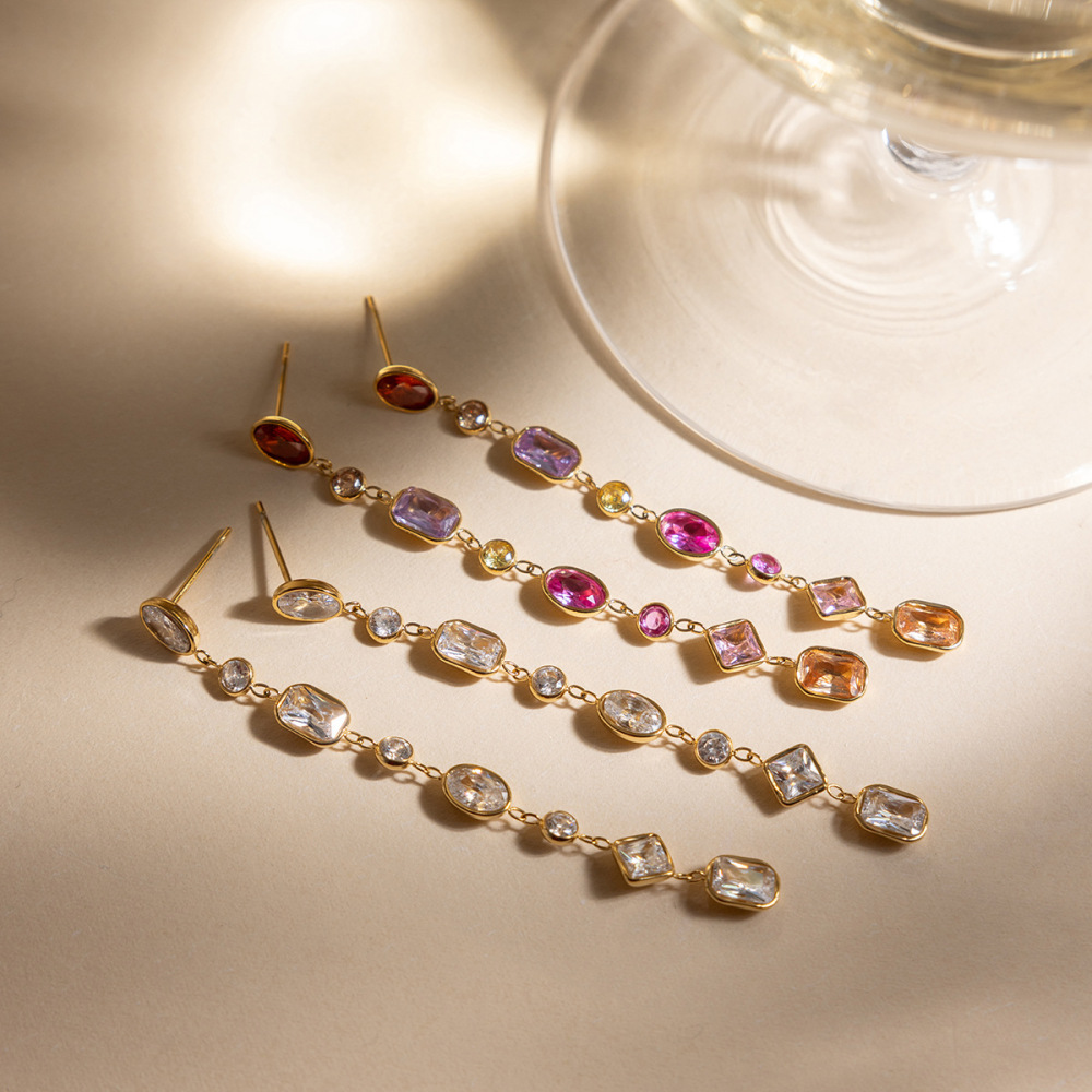 Boucles D'Oreilles De Soirée Pour Femmes, En Acier Inoxydable Doré, Polychromes, En Forme De Zircon Géométrique, Imperméables Et Anti-Ternissement Image5