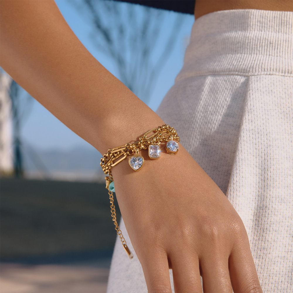 Bracelets À Breloques Pour Femmes, En Acier Inoxydable Doré, Avec Zircon, Forme Géométrique Brillante, Étanches Et Anti-Ternissement Image5