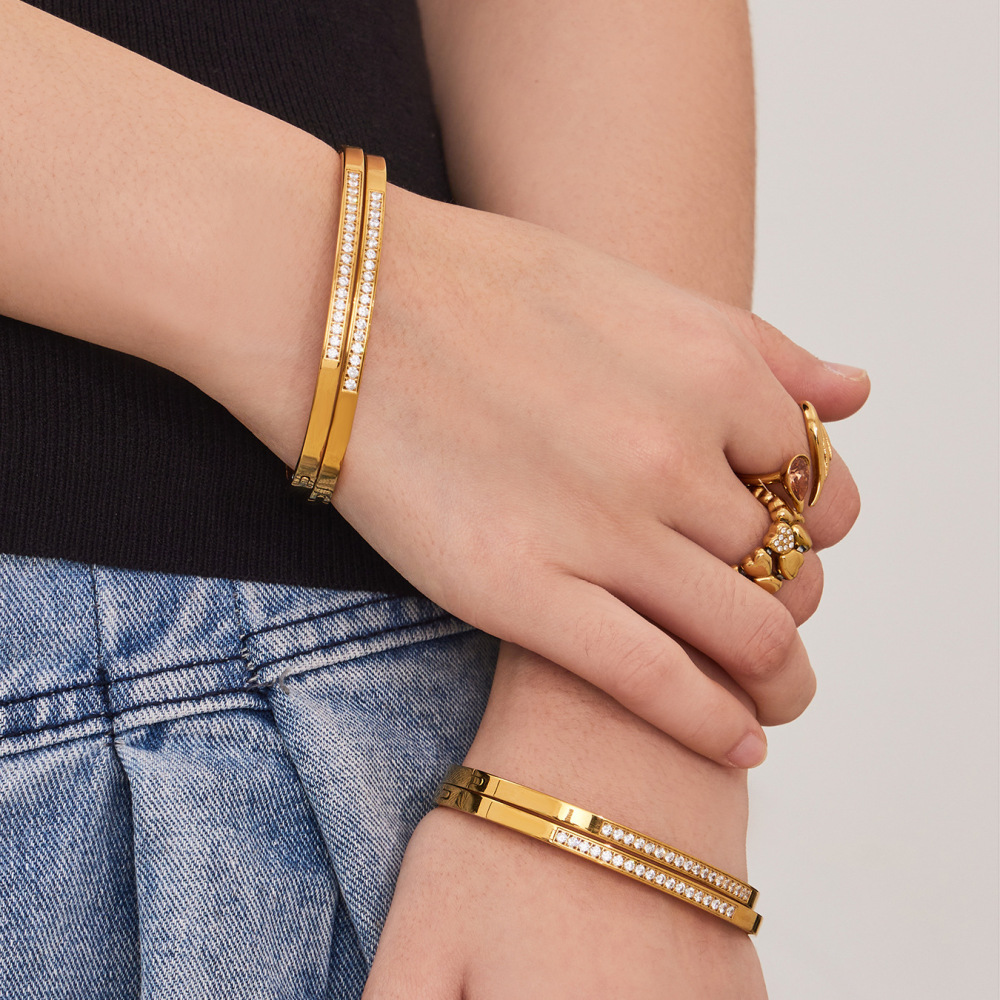 Bracelet Jonc Pour Femme En Acier Inoxydable Doré, Orné De Zircon, Étanche Et Anti-Ternissement h5Image3