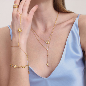 Ensembles De Bijoux De Luxe Pour Femmes En Acier Inoxydable Doré, Imperméables Et Anti-Ternissement, Avec Motif Soleil, Étoile Et Lune h5 Image4