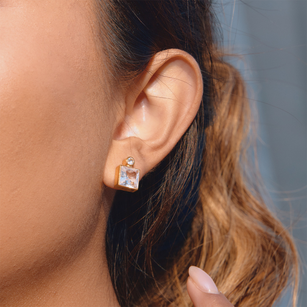 Boucles D'Oreilles Puces Carrées Simples En Acier Inoxydable Doré Avec Zircon, Imperméables Et Anti-Ternissement Pour Femmes Image3