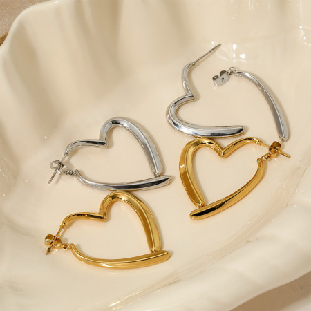 Boucles d'oreilles pendantes pour femme, en acier inoxydable, couleur or, motif cœur simple 2
