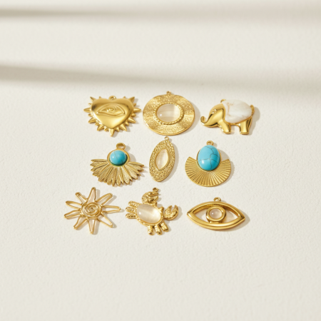 Pendentif élégant rond pour femme, en acier inoxydable, étanche, couleur or, avec pierre naturelle (1 pièce)