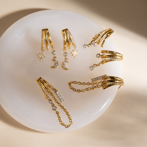 Boucles D'Oreilles Pendantes Pour Femmes, En Acier Inoxydable Doré Avec Zircon, Ornées D'Un Soleil Et D'Une Lune Éclatants, Étanches Et Anti-Ternissement. h5 Image7