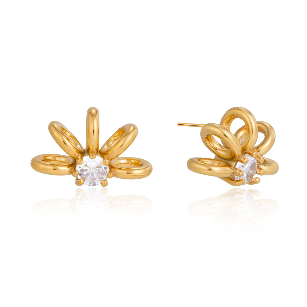Boucles D'Oreilles Puces Pour Femmes Sleek Curves En Acier Inoxydable Doré Avec Zircon, Étanches Et Anti-Ternissement