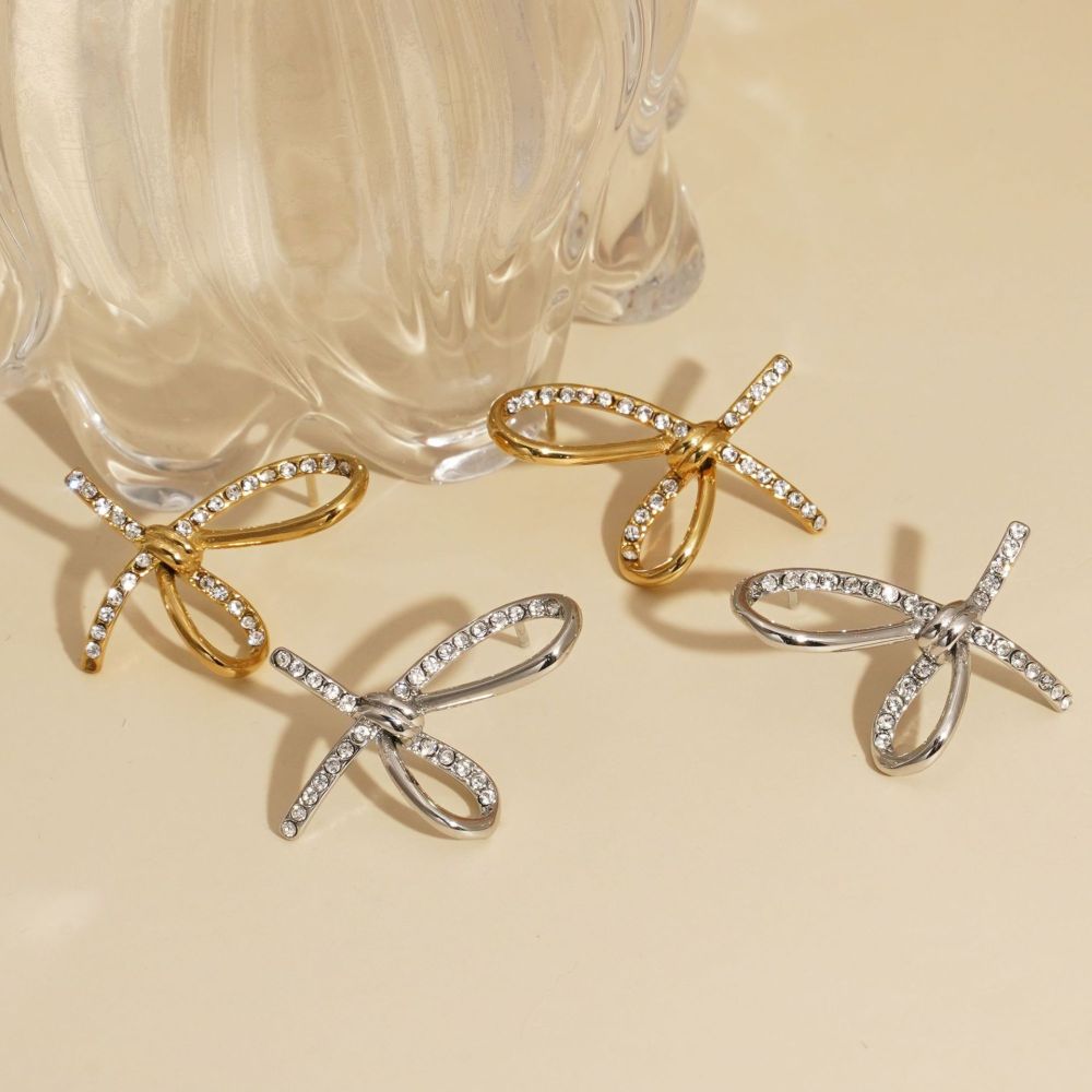 Boucles D'Oreilles Puces Élégantes Pour Femmes, En Acier Inoxydable Imperméable, Couleur Or, Avec Nœud Papillon Et Zircon. Image4
