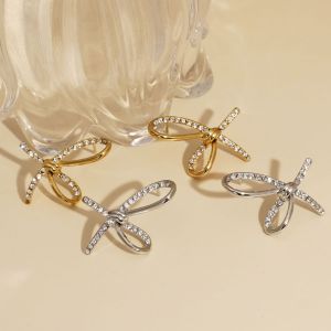 Boucles D'Oreilles Puces Élégantes Pour Femmes, En Acier Inoxydable Imperméable, Couleur Or, Avec Nœud Papillon Et Zircon. h5 Image4