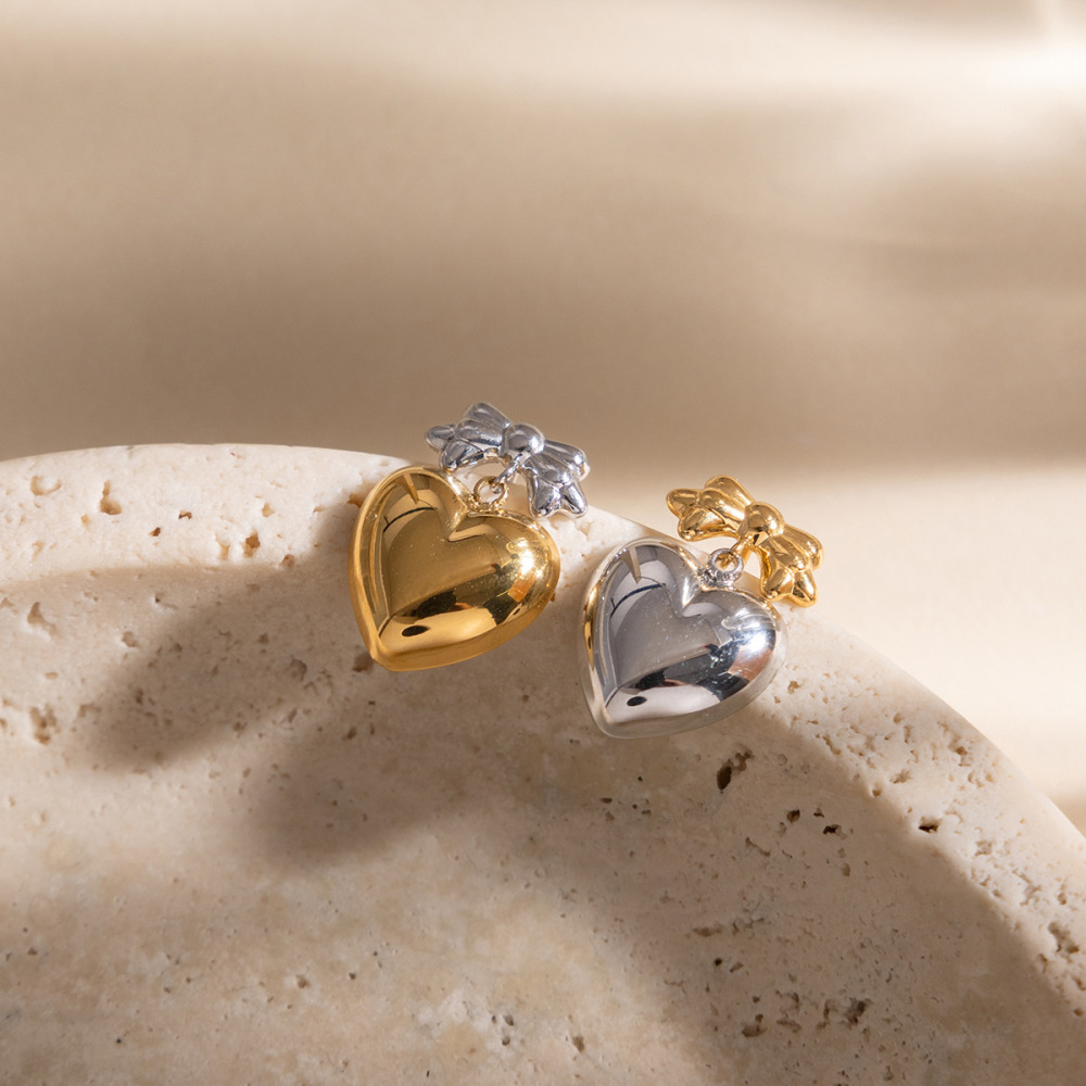 Ensembles De Bijoux Pour Femmes En Acier Inoxydable Doré Avec Nœud Papillon Et Motif Cœur, Imperméables Et Anti-Ternissement Image5