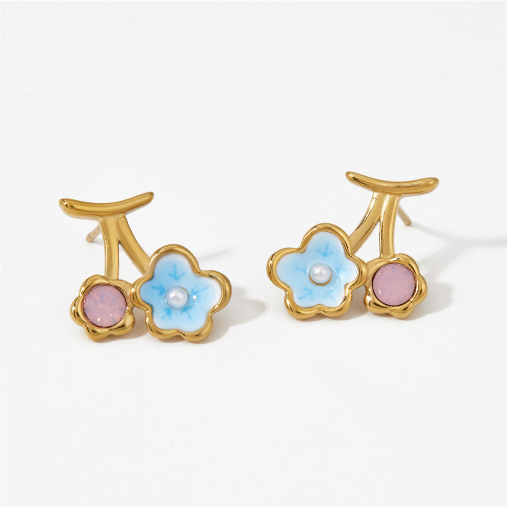 Boucles D'Oreilles Puces Pour Femmes, En Acier Inoxydable, Couleur Or, Avec Motif Floral En Émail Doux Image4
