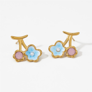 Boucles D'Oreilles Puces Pour Femmes, En Acier Inoxydable, Couleur Or, Avec Motif Floral En Émail Doux h5 Image4