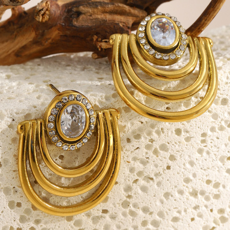 Boucles d'oreilles puces pour femmes en acier inoxydable doré ajouré, étanches et serties de zircon. 2