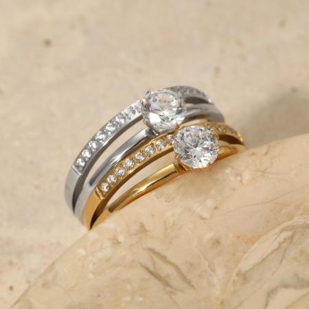 Bagues pour femmes luxueuses et élégantes, rondes, en acier inoxydable étanche, couleur or, serties de zircon.