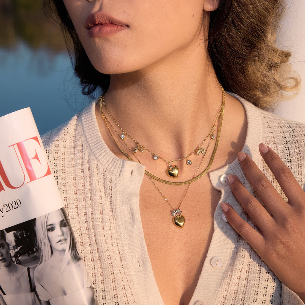 Ensembles De Bijoux Pour Femmes En Acier Inoxydable Doré Avec Nœud Papillon Et Motif Cœur, Imperméables Et Anti-Ternissement Image3