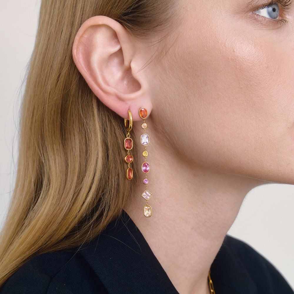 Boucles D'Oreilles De Soirée Pour Femmes, En Acier Inoxydable Doré, Polychromes, En Forme De Zircon Géométrique, Imperméables Et Anti-Ternissement Image2