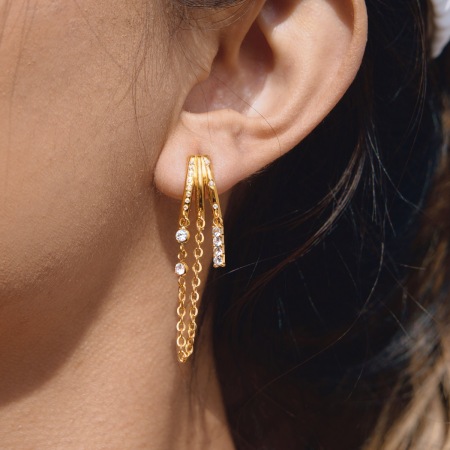 Boucles d'oreilles pendantes pour femmes, en acier inoxydable doré avec zircon, ornées d'un soleil et d'une lune éclatants, étanches et anti-ternissement. 2