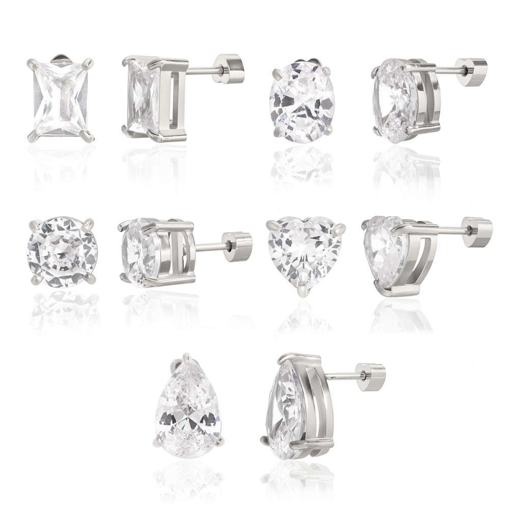 Boucles D'Oreilles Puces Pour Femmes, En Acier Inoxydable Imperméable Et Anti-Ternissement, Forme Zircon Géométrique Quotidien Image7