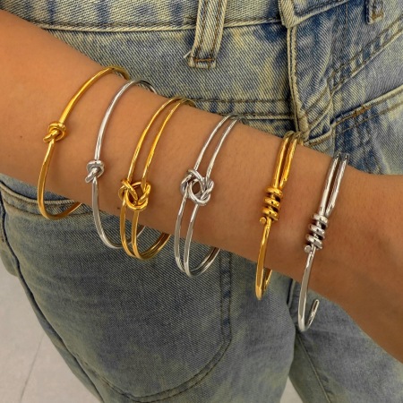 Bracelets manchettes pour femmes en acier inoxydable, étanches, couleur or, à lignes torsadées simples 2