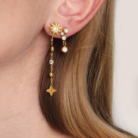 Boucles d'oreilles rétro soleil, étoile et lune en acier inoxydable doré avec zircon, imperméables et anti-ternissement 2