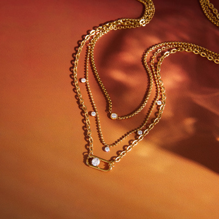 Colliers à plusieurs rangs pour femmes, en acier inoxydable doré, avec zircon et chaîne délicate, imperméables et anti-ternissement