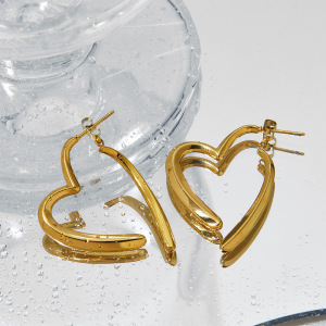 Boucles D'Oreilles Pendantes Pour Femme, En Acier Inoxydable, Couleur Or, Motif Cœur Simple h5 Image3