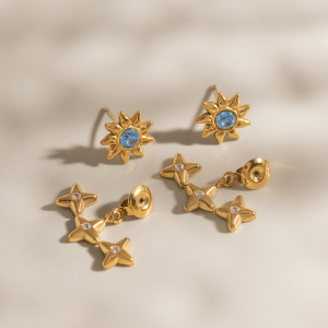 Boucles D'Oreilles Rétro Soleil, Étoile Et Lune En Acier Inoxydable Doré Avec Zircon, Imperméables Et Anti-Ternissement h5 Image7