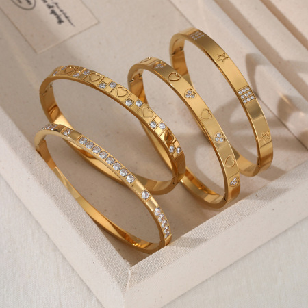 Bracelet jonc classique en acier inoxydable, étanche, couleur or, avec zircon, en forme de cœur 2