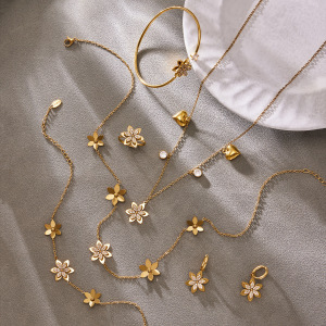 Ensembles De Bijoux Pour Femmes En Acier Inoxydable Doré Avec Zircon, Ornés De Fleurs Naturelles, Imperméables Et Anti-Ternissement h5 Image2