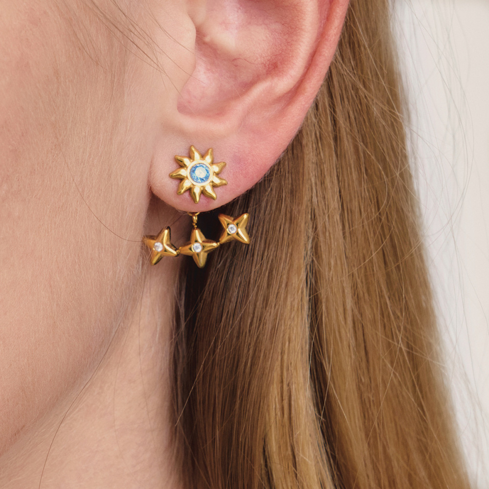 Boucles D'Oreilles Rétro Soleil, Étoile Et Lune En Acier Inoxydable Doré Avec Zircon, Imperméables Et Anti-Ternissement Image5