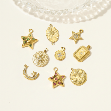 Pendentif femme rétro étoile et lune en acier inoxydable étanche couleur or (1 pièce) 2