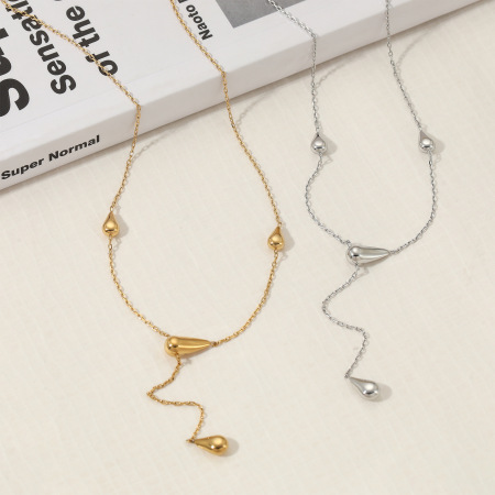 Colliers pendentifs pour femmes en acier inoxydable étanche, couleur or, avec lignes simples en forme de goutte 2