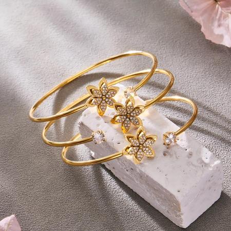 Ensembles de bijoux pour femmes en acier inoxydable doré avec zircon, ornés de fleurs naturelles, imperméables et anti-ternissement