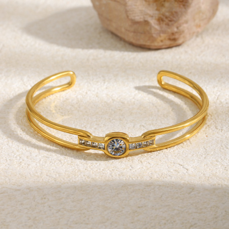 Bracelets manchettes simples et quotidiens pour femmes, en acier inoxydable doré, étanches, avec zircon. 2